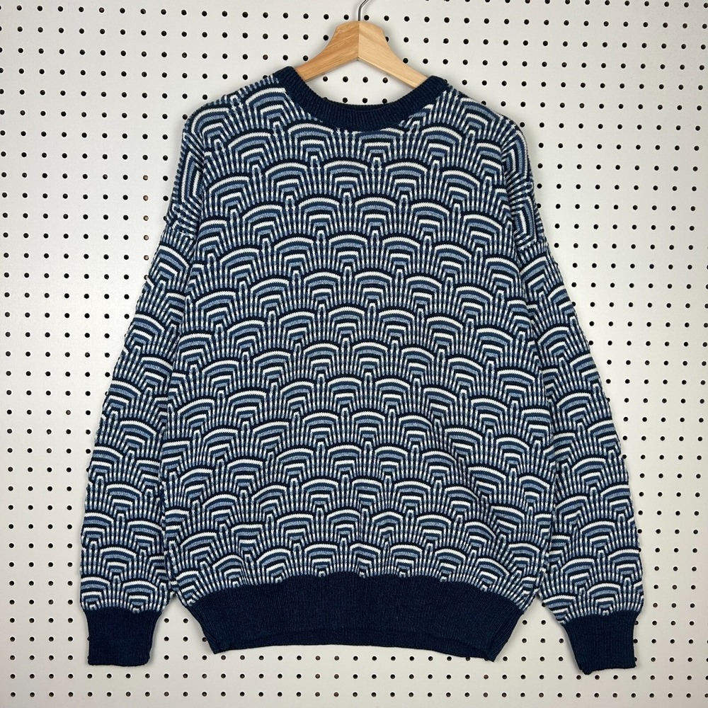 Vintage Chunky Knit Sweater Size XL Blue Monochrome Design USA Grandpa 90s PDX